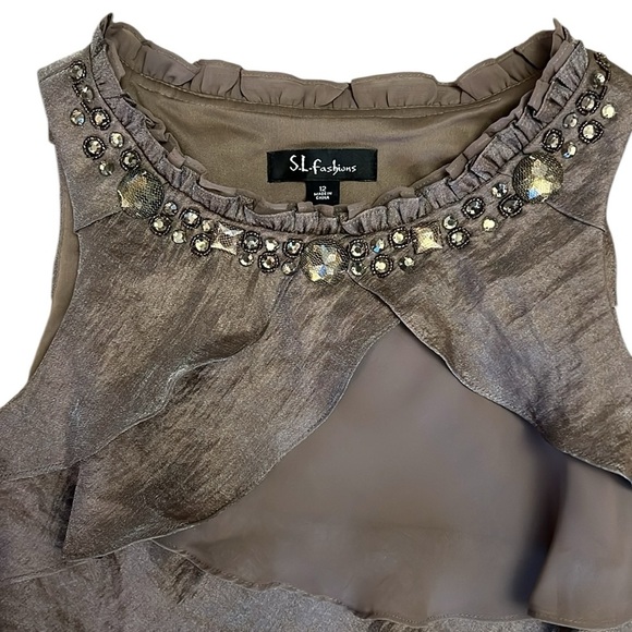 S.L. Fashions Cocktail Party Dress Tiered Ruffled Taupe Shimmer Jeweled Neck 12 - Picture 3 of 9